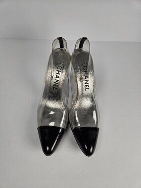 Authentic Vintage Chanel PVC Clear Cap Toe Pumps Black Patent Leather Silver 37